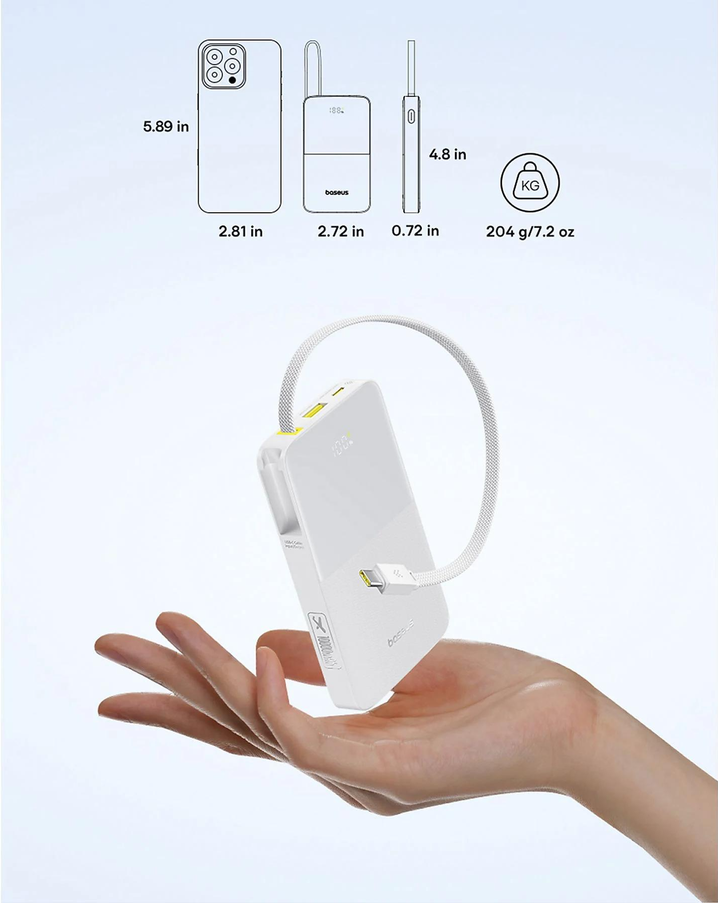 Ekstern batteri Baseus EnerFill Bipow2 Pro, 10000mAh, 22.5W, QC + PD, 1 x USB-A - 2 x USB-C, Hvid E0027601