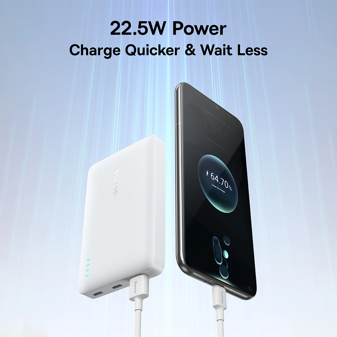 Ekstern batteri Baseus EnerFill FP21, 10000mAh, 22.5W, QC + PD, 1 x USB-A - 2 x USB-C, Hvid P1008210D213-00