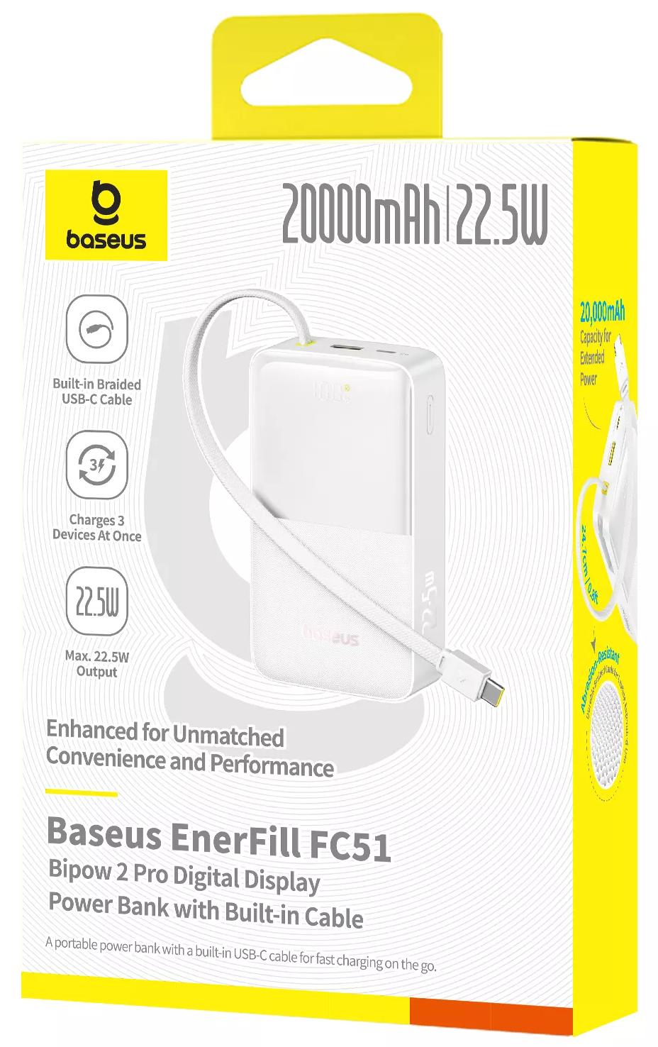 Ekstern batteri Baseus EnerFill Bipow2 Pro, 20000mAh, 22.5W, QC + PD, 1 x USB-A - 2 x USB-C, Hvid E0027700