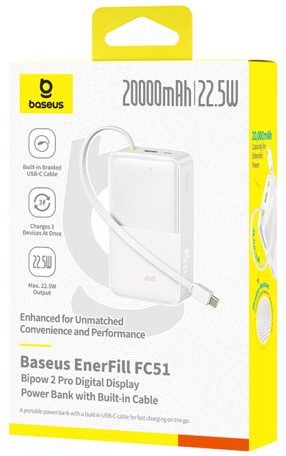 Ekstern batteri Baseus EnerFill Bipow2 Pro, 20000mAh, 22.5W, QC + PD, 1 x USB-A - 2 x USB-C, Hvid E0027700