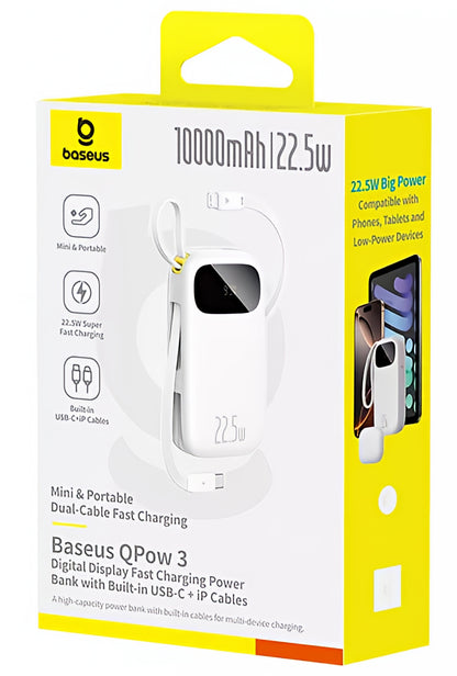 Ekstern Batteri Baseus EnerFill FC31, 10000mAh, 22.5W, QC + PD, 1 x Lightning - 1 x USB-A - 2 x USB-C, Hvid P10082106213-00
