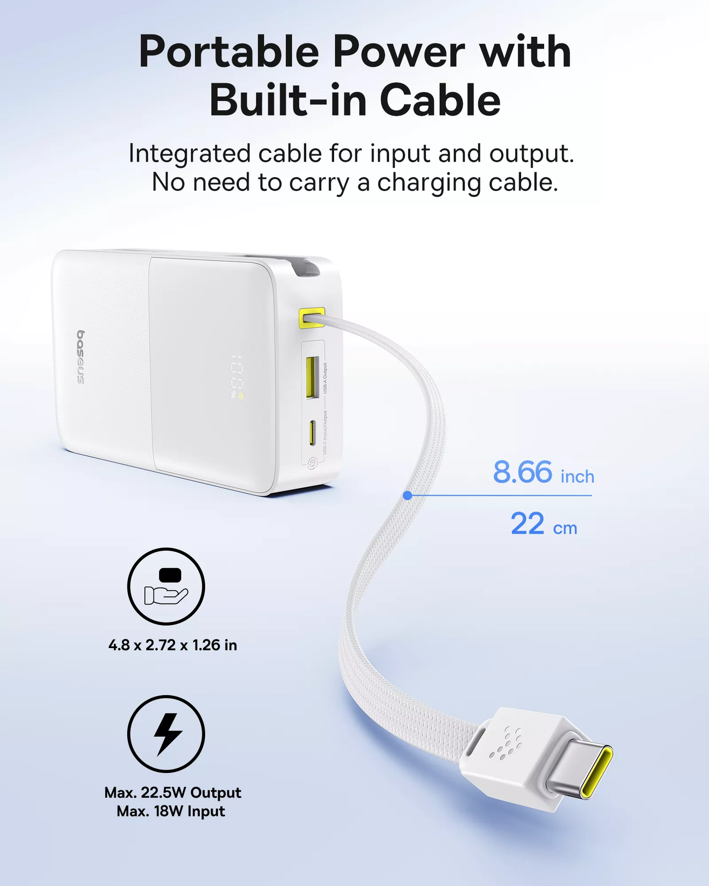 Ekstern batteri Baseus EnerFill Bipow2 Pro, 20000mAh, 22.5W, QC + PD, 1 x USB-A - 2 x USB-C, Hvid E0027700