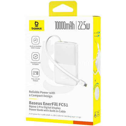 Ekstern batteri Baseus EnerFill Bipow2 Pro, 10000mAh, 22.5W, QC + PD, 1 x USB-A - 2 x USB-C, Hvid E0027601
