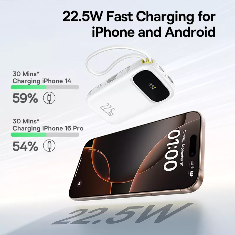 Ekstern Batteri Baseus EnerFill FC31, 10000mAh, 22.5W, QC + PD, 1 x Lightning - 1 x USB-A - 2 x USB-C, Hvid P10082106213-00