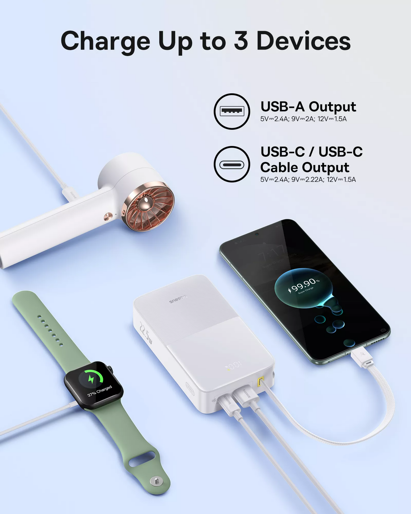 Ekstern batteri Baseus EnerFill Bipow2 Pro, 20000mAh, 22.5W, QC + PD, 1 x USB-A - 2 x USB-C, Hvid E0027700