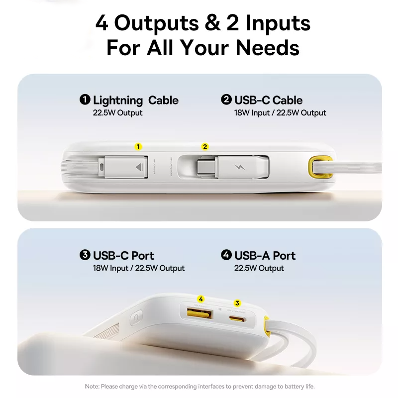 Ekstern Batteri Baseus EnerFill FC31, 10000mAh, 22.5W, QC + PD, 1 x Lightning - 1 x USB-A - 2 x USB-C, Hvid P10082106213-00