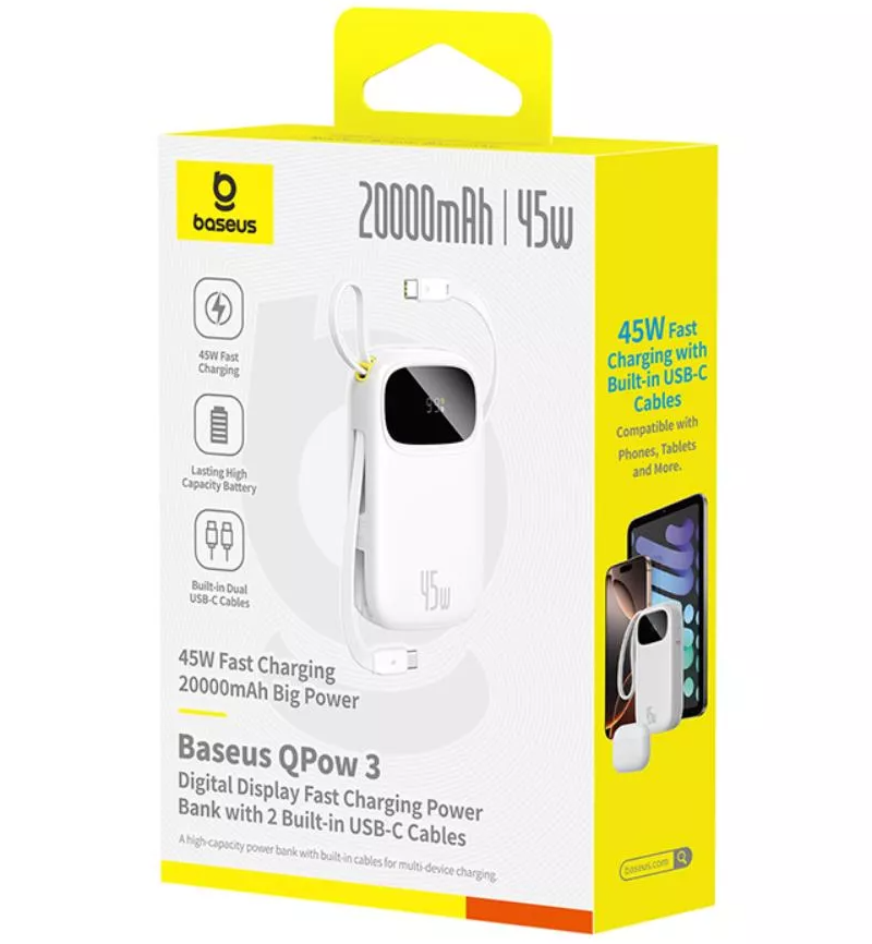 Baseus EnerFill FC31 External Battery, 20000mAh, 45W, QC + PD, 1 x Lightning - 1 x USB-A - 2 x USB-C, White P10082105213-00
