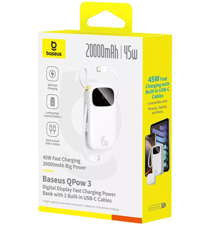 Baseus EnerFill FC31 External Battery, 20000mAh, 45W, QC + PD, 1 x Lightning - 1 x USB-A - 2 x USB-C, White P10082105213-00