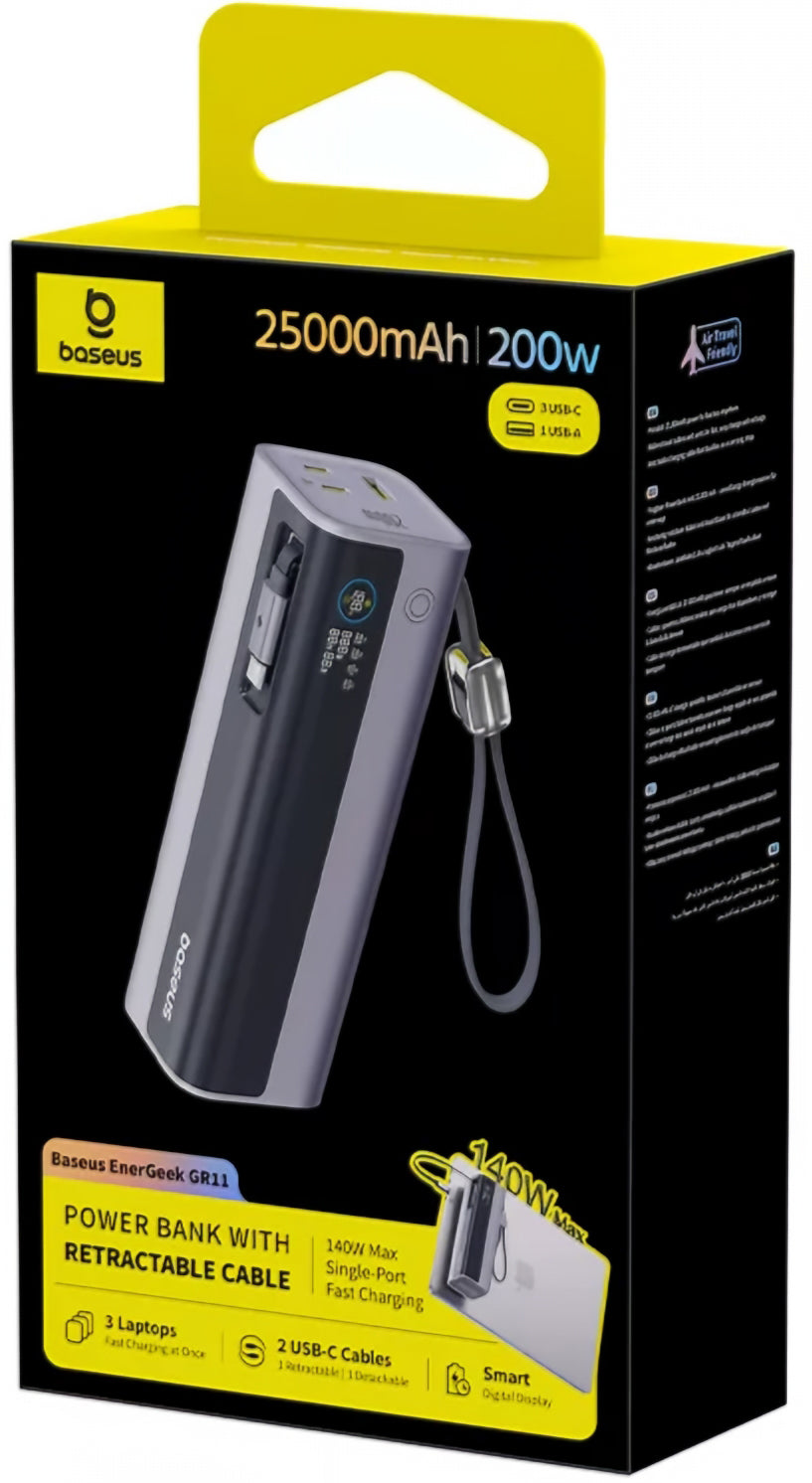 Baseus EnerGeek GR11 External Battery, 25000mAh, 200W, QC + PD, 1 x USB-A - 3 x USB-C, Gray E0028Q00