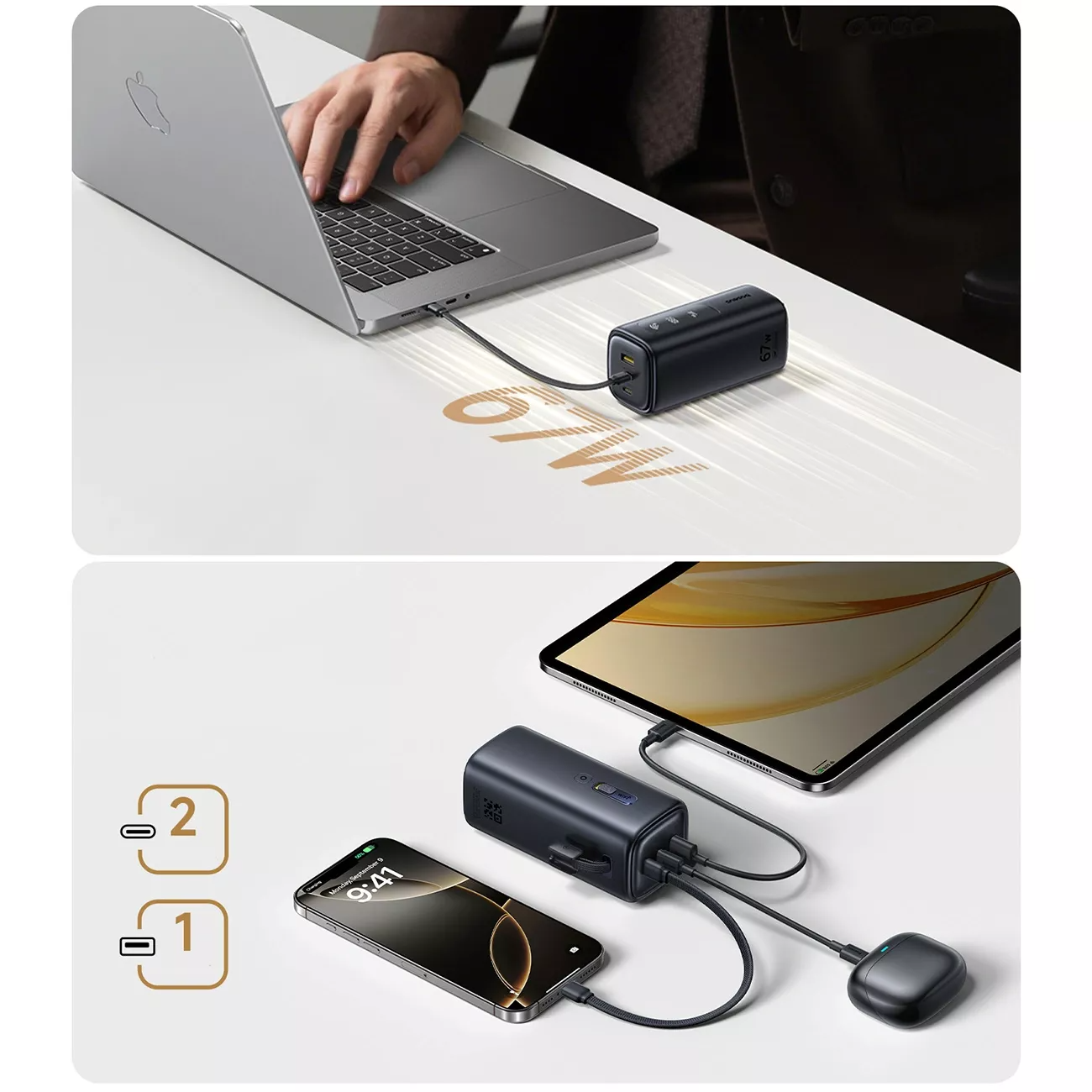 Baseus EnerGeek GX11 Ekstern Batteri, 20000mAh, 67W, QC + PD, 1 x USB-A - 2 x USB-C, Sort E0025701
