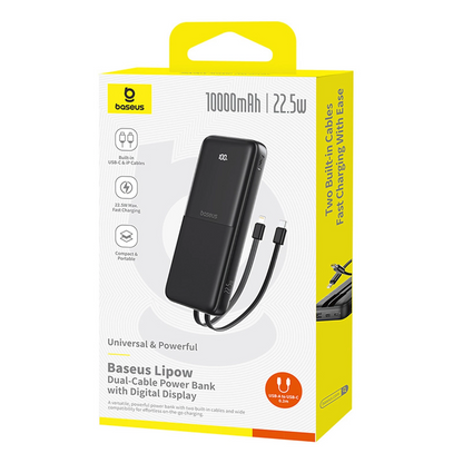 Ekstern batteri Baseus Lipow, 10000mAh, 22.5W, QC + PD, 1 x Lightning - 1 x USB-A - 2 x USB-C, Sort P10079101123-00