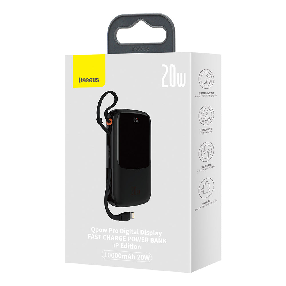 Ekstern batteri Baseus Qpow Pro, 10000mAh, 20W, QC + PD, 1 x Lightning - 1 x USB-A - 1 x USB-C, Sort PPQD020001
