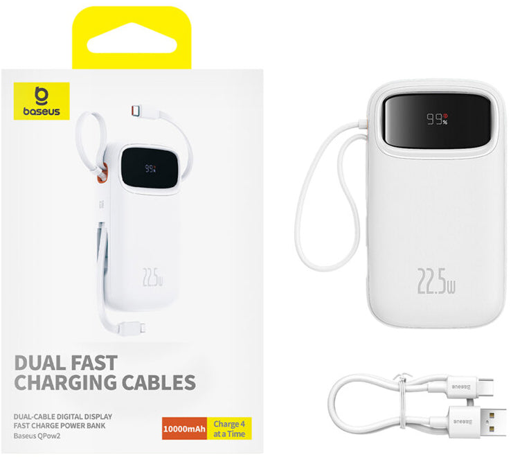Ekstern batteri Baseus Qpow2, 10000mAh, 22.5W, QC + PD, 1 x Lightning - 1 x USB-A - 2 x USB-C, Hvid P10055003223-00