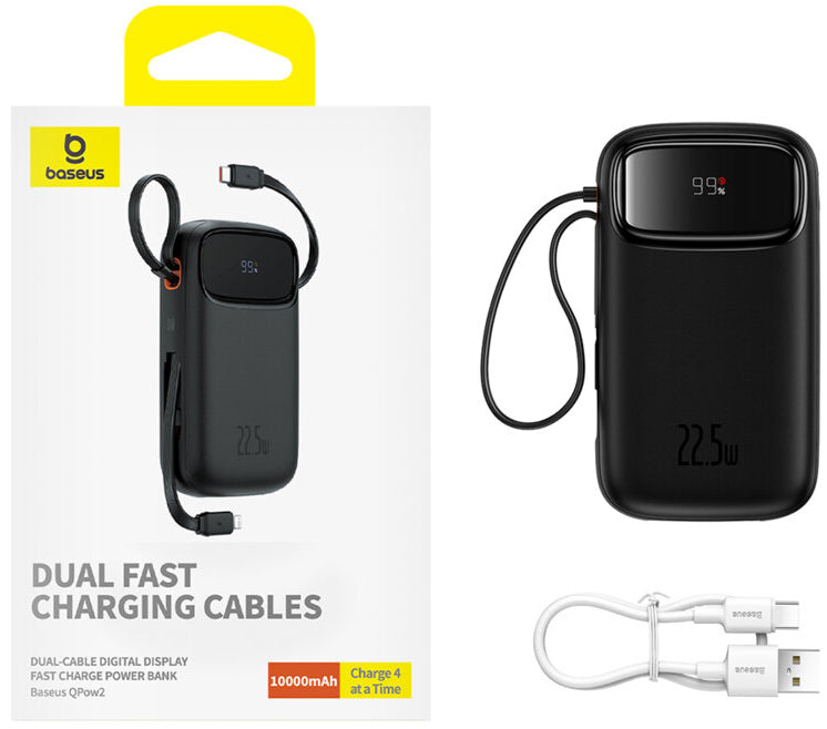 Ekstern batteri Baseus Qpow2, 10000mAh, 22.5W, QC + PD, 1 x Lightning - 1 x USB-A - 2 x USB-C, Sort P10055003113-00