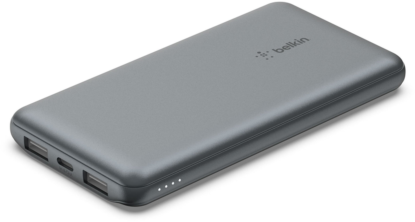 Belkin BoostCharge Ekstern Batteri, 10000mAh, 15W, 1 x USB-C - 2 x USB-A, Grå BPB011btGY
