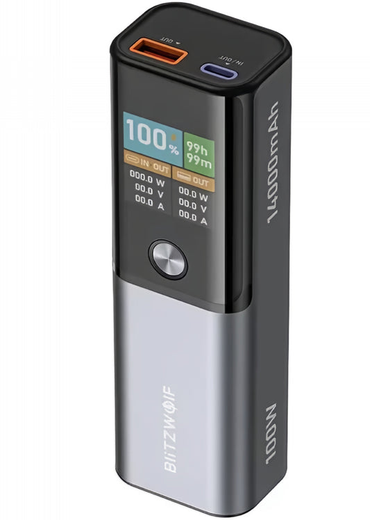 Ekstern Batteri BlitzWolf BW-P23, 14000mAh, 100W, QC + PD, 1 x USB-A - 1 x USB-C, Grå