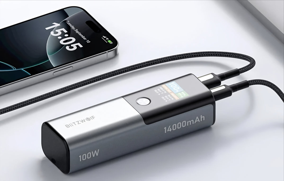Ekstern Batteri BlitzWolf BW-P23, 14000mAh, 100W, QC + PD, 1 x USB-A - 1 x USB-C, Grå