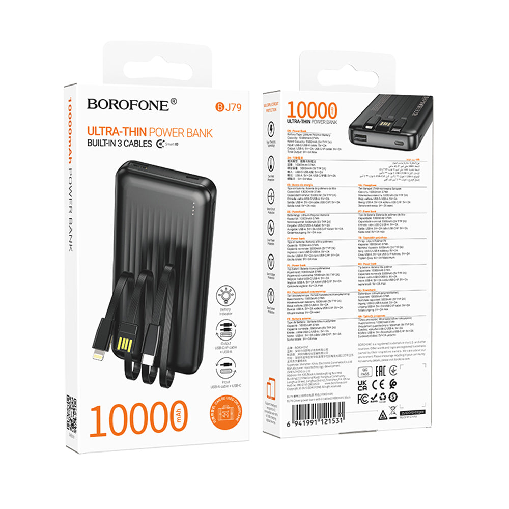 Ekstern batteri Borofone BJ79 Clever, 10000mAh, 10W, 1 x Lightning - 1 x USB-A - 1 x USB-C, Sort