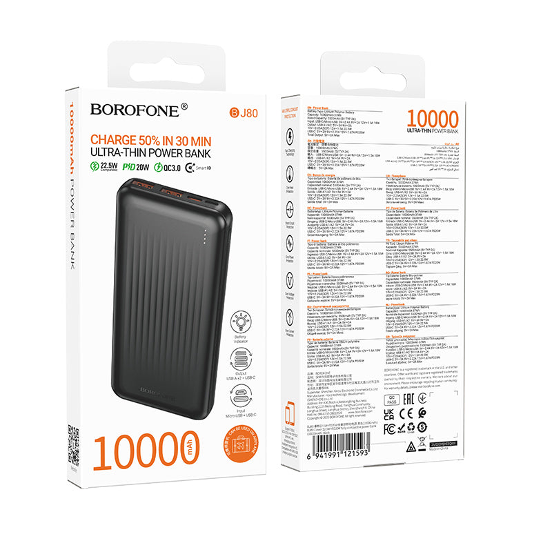 Ekstern Batteri Borofone BJ80A Clever, 10000mAh, 22.5W, QC + PD, 1 x USB-C - 2 x USB-A, Sort