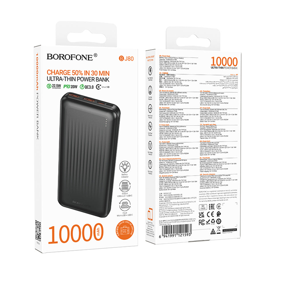 Ekstern Batteri Borofone BJ80A Clever, 10000mAh, 22.5W, QC + PD, 1 x USB-C - 2 x USB-A, Sort