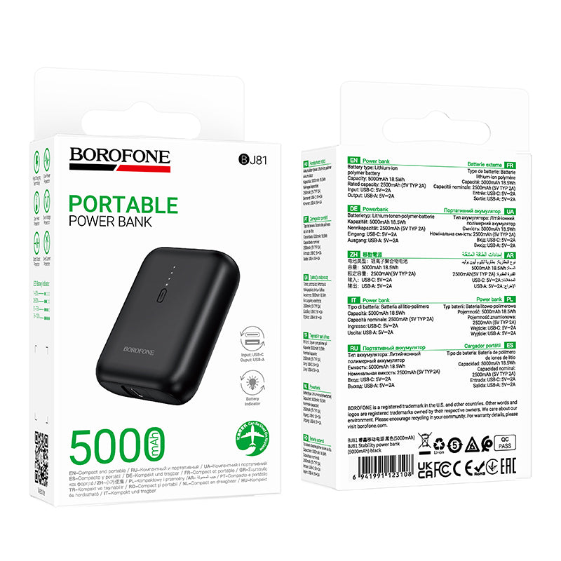 Borofone BJ81 Stability Ekstern Batteri, 5000mAh, 10W, 1 x USB-A, Sort