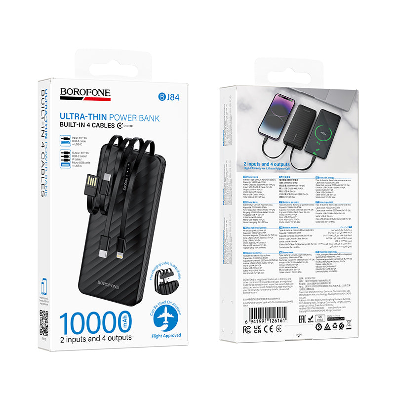 Borofone BJ84 Smooth Ekstern Batteri, 10000mAh, 10W, 1 x Lightning - 1 x microUSB - 1 x USB-A - 1 x USB-C, Sort