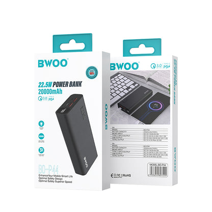 Ekstern batteri BWOO BO-P44, 20000mAh, 22.5W, QC + PD, 1 x USB-C - 2 x USB-A, Sort