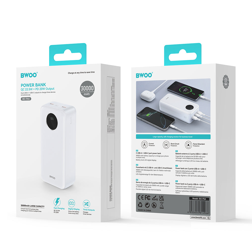 External Battery BWOO BO-P64, 30000mAh, 22.5W, QC + PD, 1 x USB-C - 2 x USB-A, White
