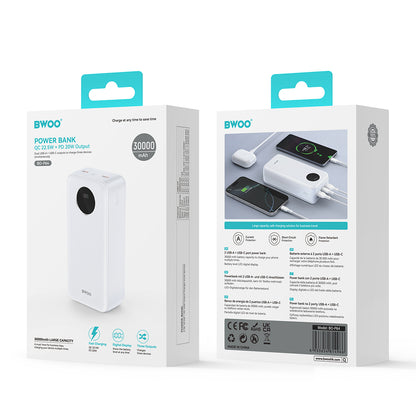External Battery BWOO BO-P64, 30000mAh, 22.5W, QC + PD, 1 x USB-C - 2 x USB-A, White