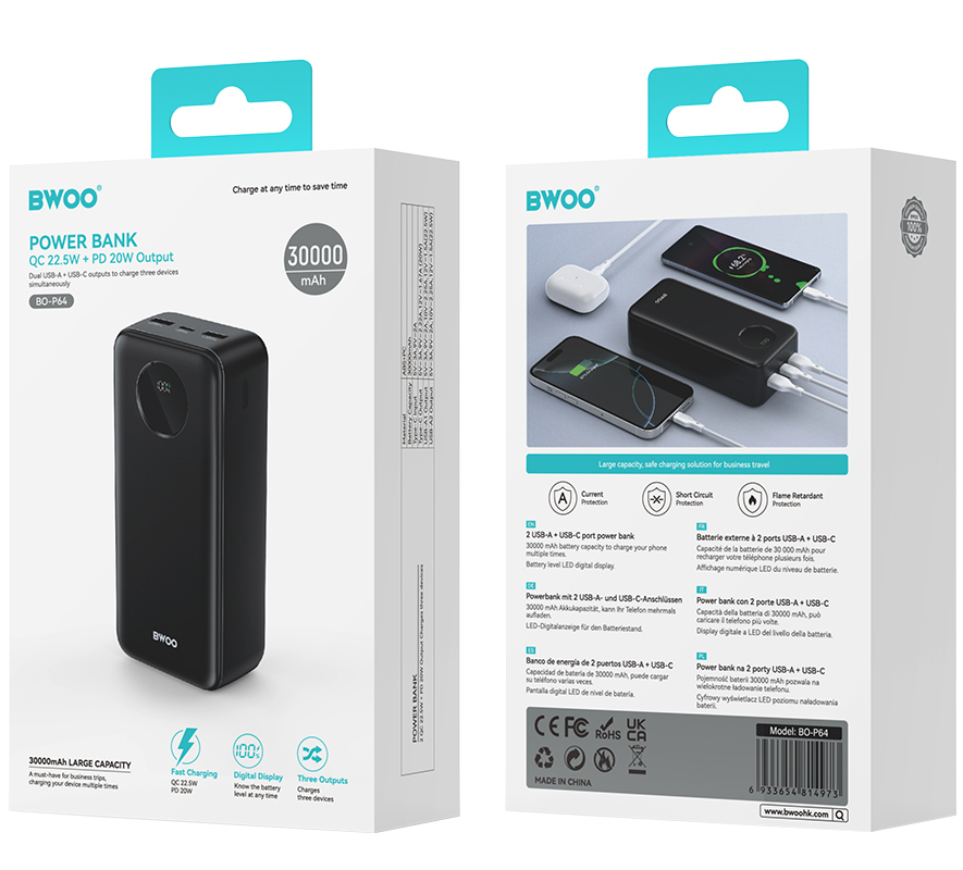 Ekstern batteri BWOO BO-P64, 30000mAh, 22.5W, QC + PD, 1 x USB-C - 2 x USB-A, Sort