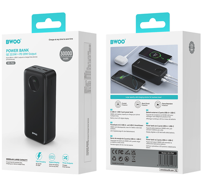 Ekstern batteri BWOO BO-P64, 30000mAh, 22.5W, QC + PD, 1 x USB-C - 2 x USB-A, Sort