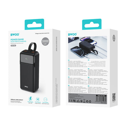 Ekstern Batteri BWOO BO-P66, 30000mAh, 65W, QC + PD, 1 x USB-C - 2 x USB-A, Sort