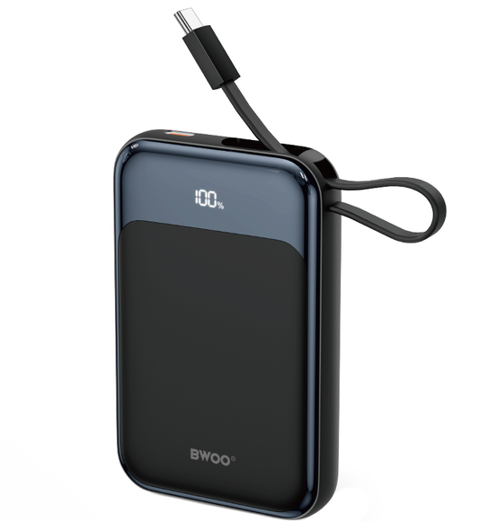 Trådløs Ekstern Batteri BWOO BO-P80, 10000mAh, 22.5W, PD + FQI, 1 x QI - 2 x USB-C, Sort