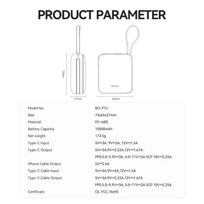 External Battery BWOO BO-P74, 10000mAh, 22.5W, PD, 1 x Lightning - 2 x USB-C, Black