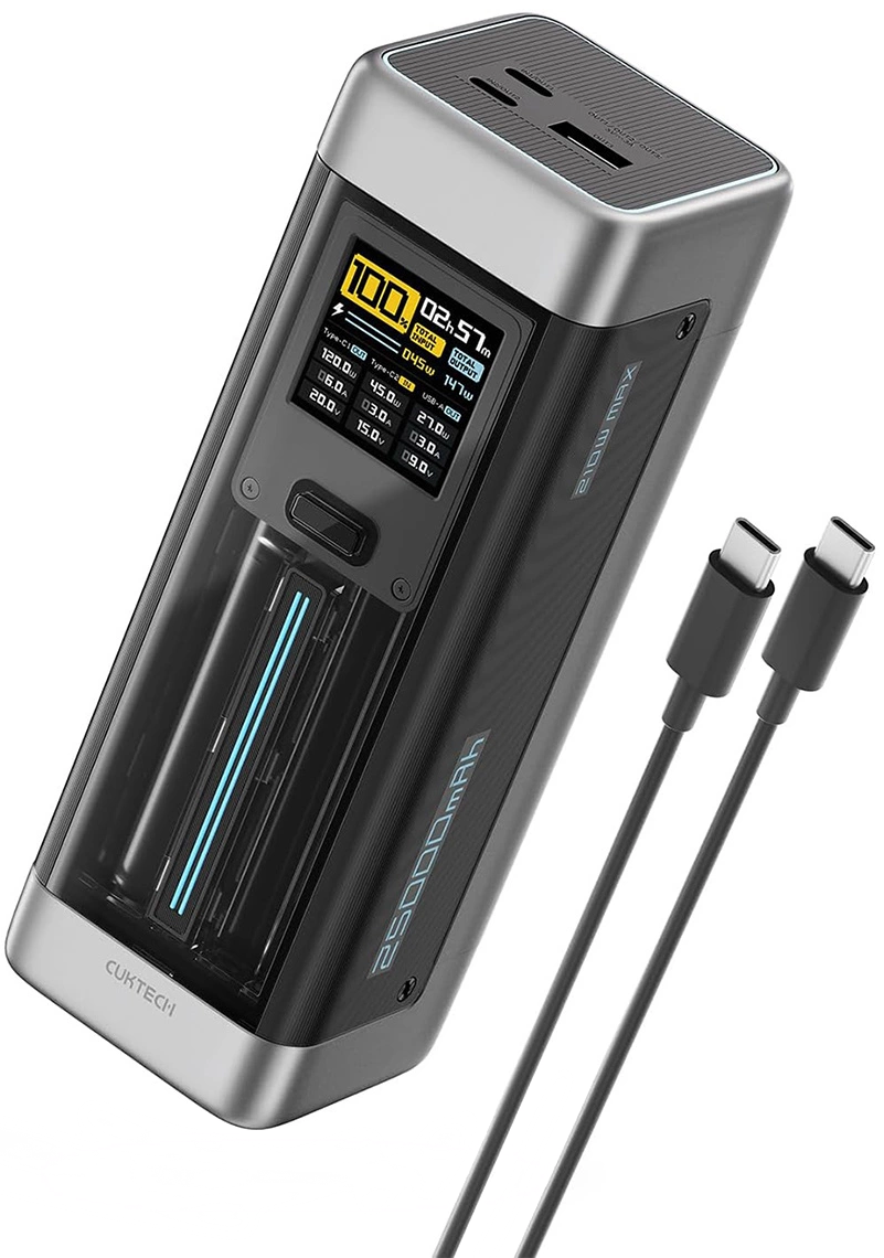 Ekstern Batteri Cuktech, 25000mAh, 210W, QC + PD, 1 x USB-A - 2 x USB-C, Sort CUK00P23GLBK