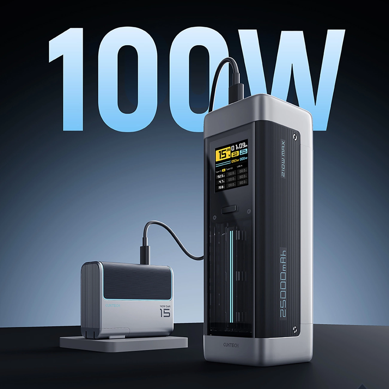 Ekstern Batteri Cuktech, 25000mAh, 210W, QC + PD, 1 x USB-A - 2 x USB-C, Sort CUK00P23GLBK
