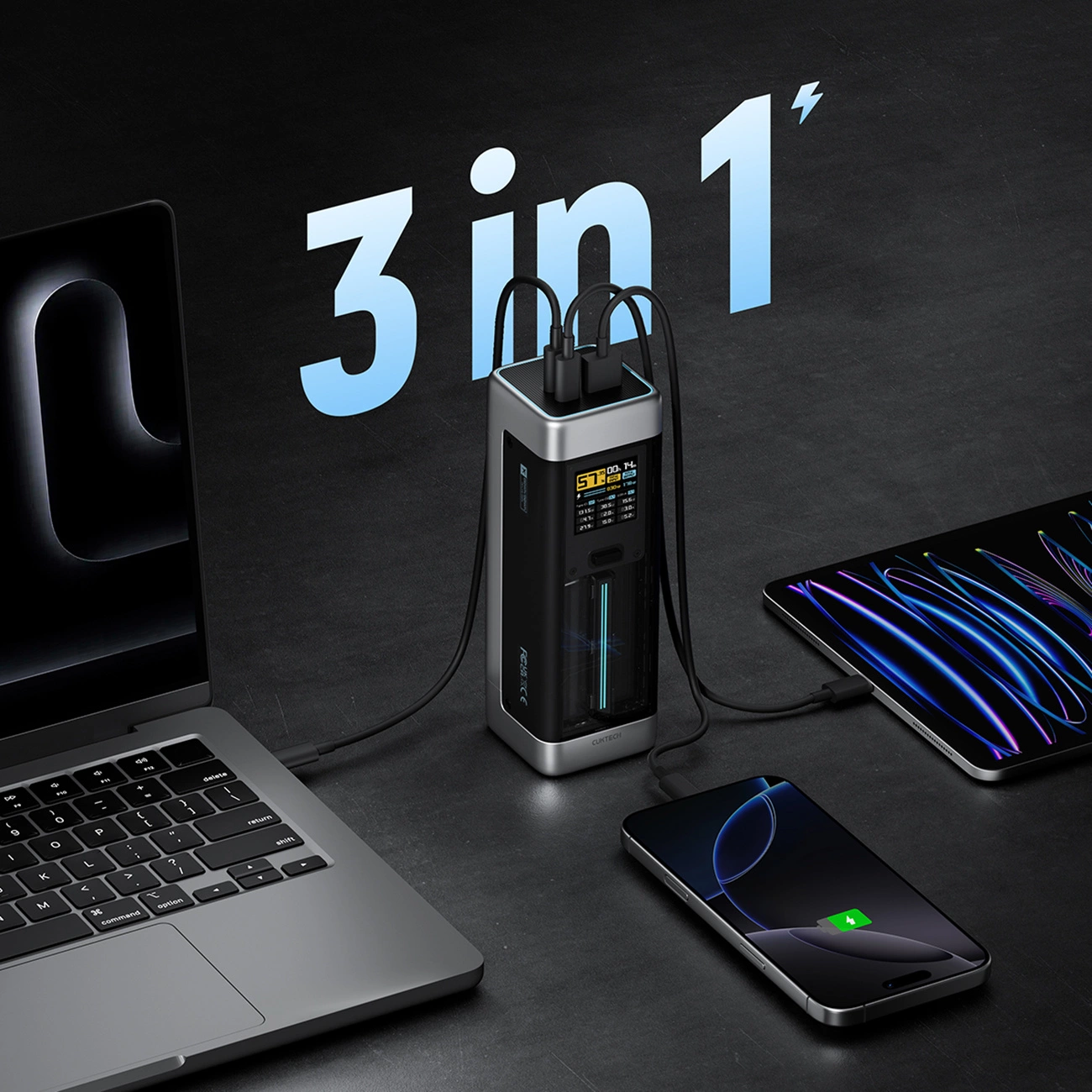 Ekstern Batteri Cuktech, 25000mAh, 210W, QC + PD, 1 x USB-A - 2 x USB-C, Sort CUK00P23GLBK