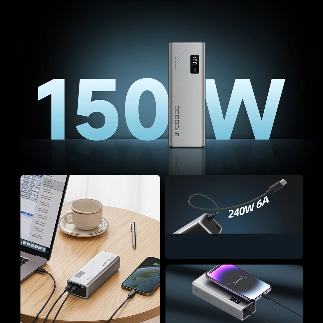 Ekstern Batteri Cuktech P+ No.15, 20000mAh, 150W, QC + PD, 1 x USB-A - 2 x USB-C, Grå CUKPB200GLBK