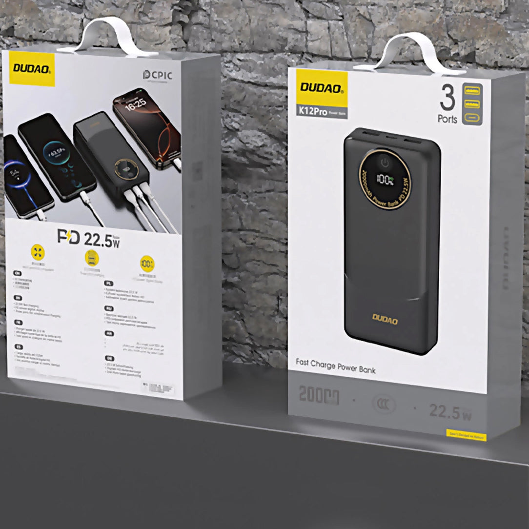 Ekstern Batteri Dudao K12Pro, 20000mAh, 22.5W, QC + PD, 1 x USB-C - 2 x USB-A, Sort