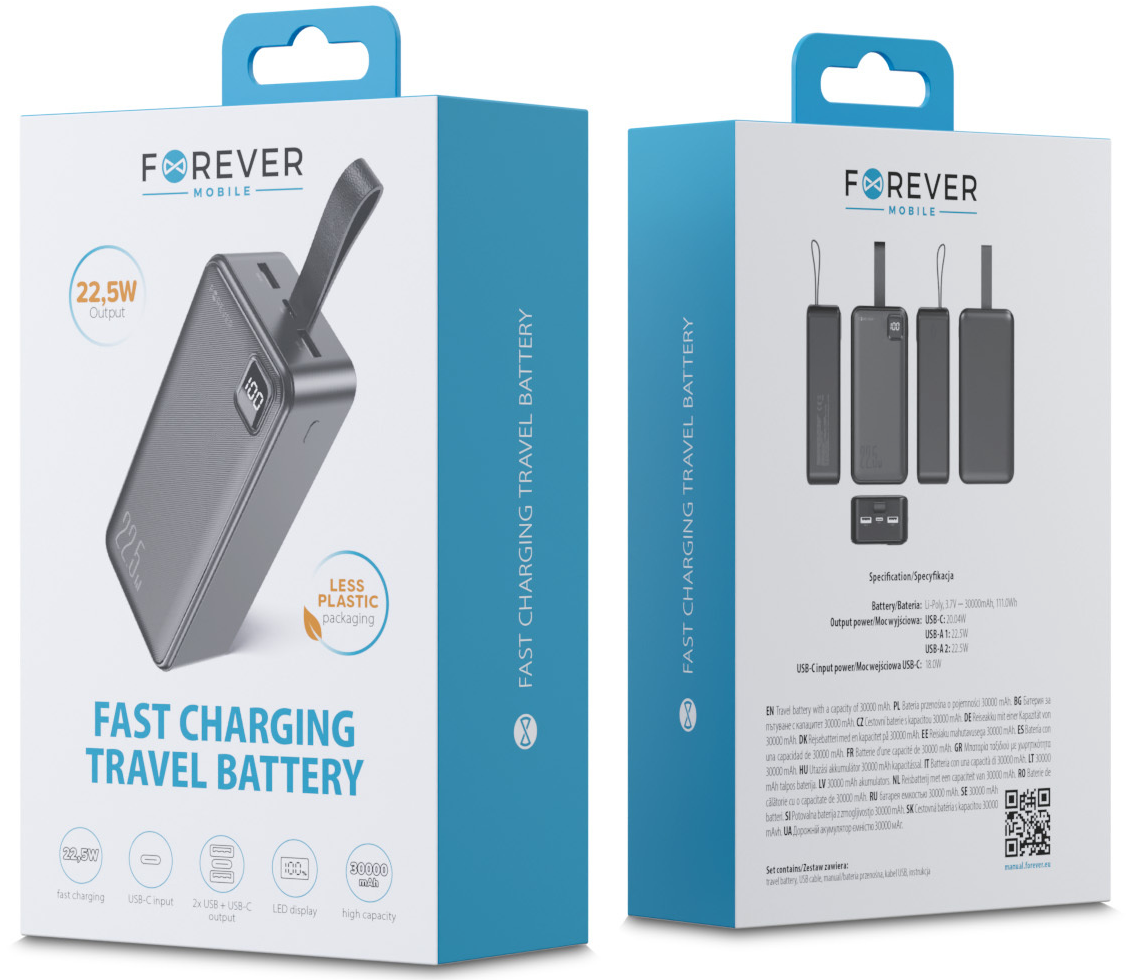 Forever TB-300XL Power Bank, 30000mAh, 22.5W, QC + PD, 1 x USB-C - 2 x USB-A, Black
