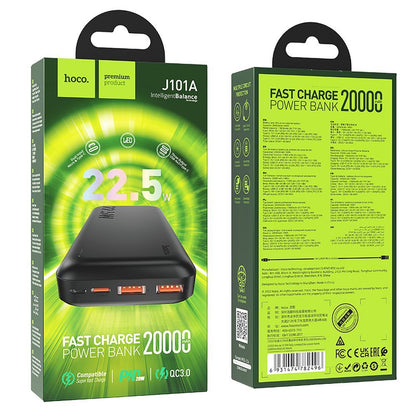 Ekstern Batteri HOCO J101A, 20000mAh, 22.5W, QC + PD, 1 x USB-C - 2 x USB-A, Sort