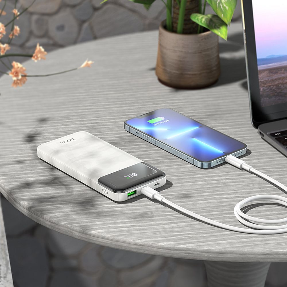 Ekstern Batteri HOCO J102, 10000mAh, 20W, QC + PD, 1 x USB-A - 1 x USB-C, Hvid