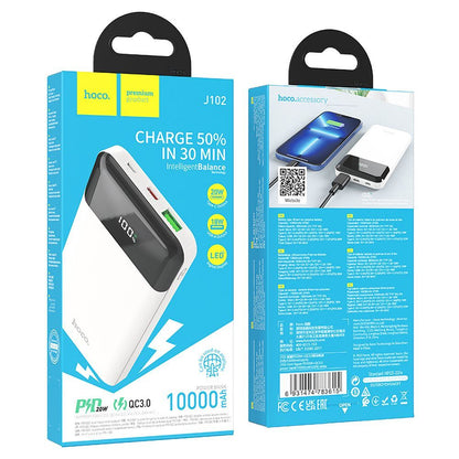 Ekstern Batteri HOCO J102, 10000mAh, 20W, QC + PD, 1 x USB-A - 1 x USB-C, Hvid