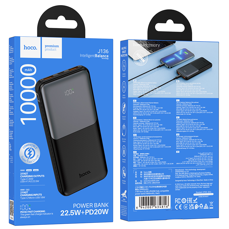 HOCO J136 powerbank, 10000 mAh, 22,5 W, QC + PD, 1 x USB-C – 2 x USB-A, sort