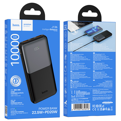 HOCO J136 powerbank, 10000 mAh, 22,5 W, QC + PD, 1 x USB-C – 2 x USB-A, sort