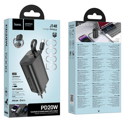 HOCO J148 2-i-1 powerbank, 5000 mAh, 20 W, PD, 2 x USB-C, sort