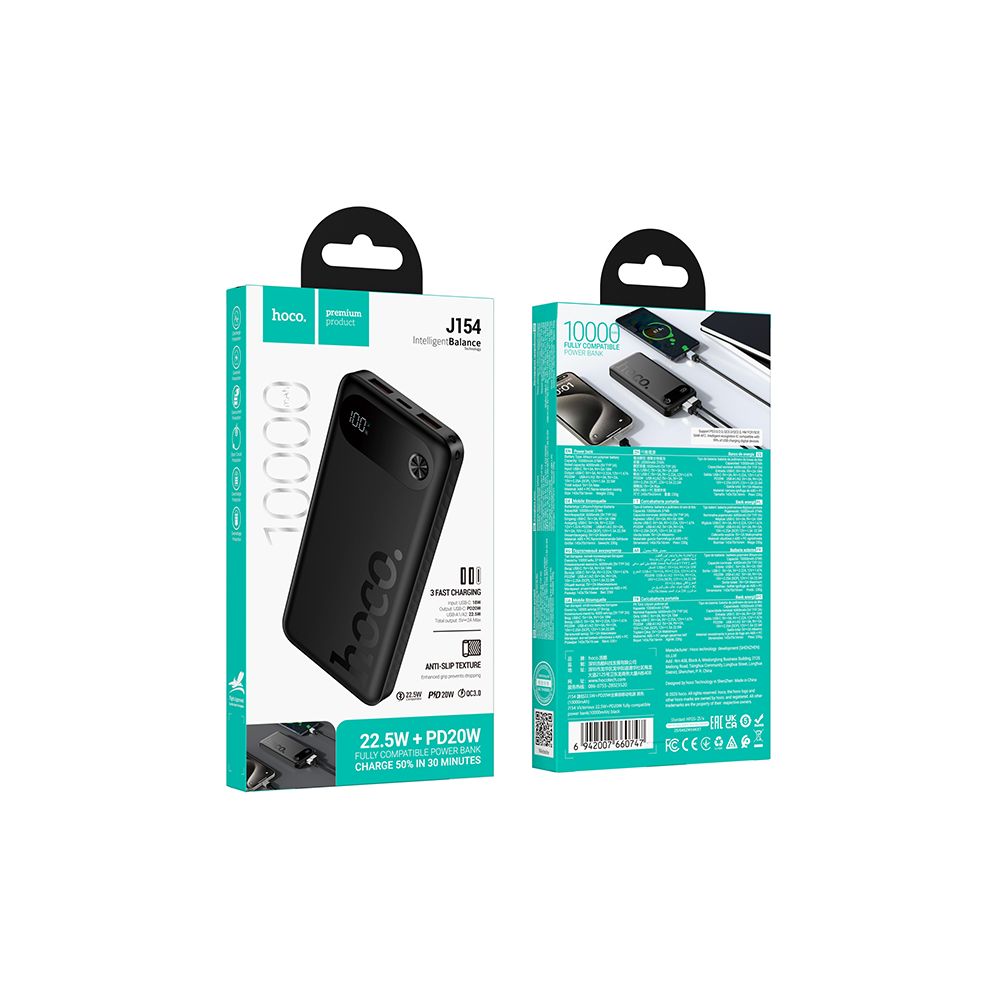 Ekstern Batteri HOCO J154, 10000mAh, 22.5W, QC + PD, 1 x USB-C - 2 x USB-A, Sort