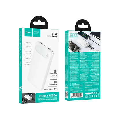 Ekstern Batteri HOCO J154, 10000mAh, 22,5W, QC + PD, 1 x USB-C - 2 x USB-A, Hvid