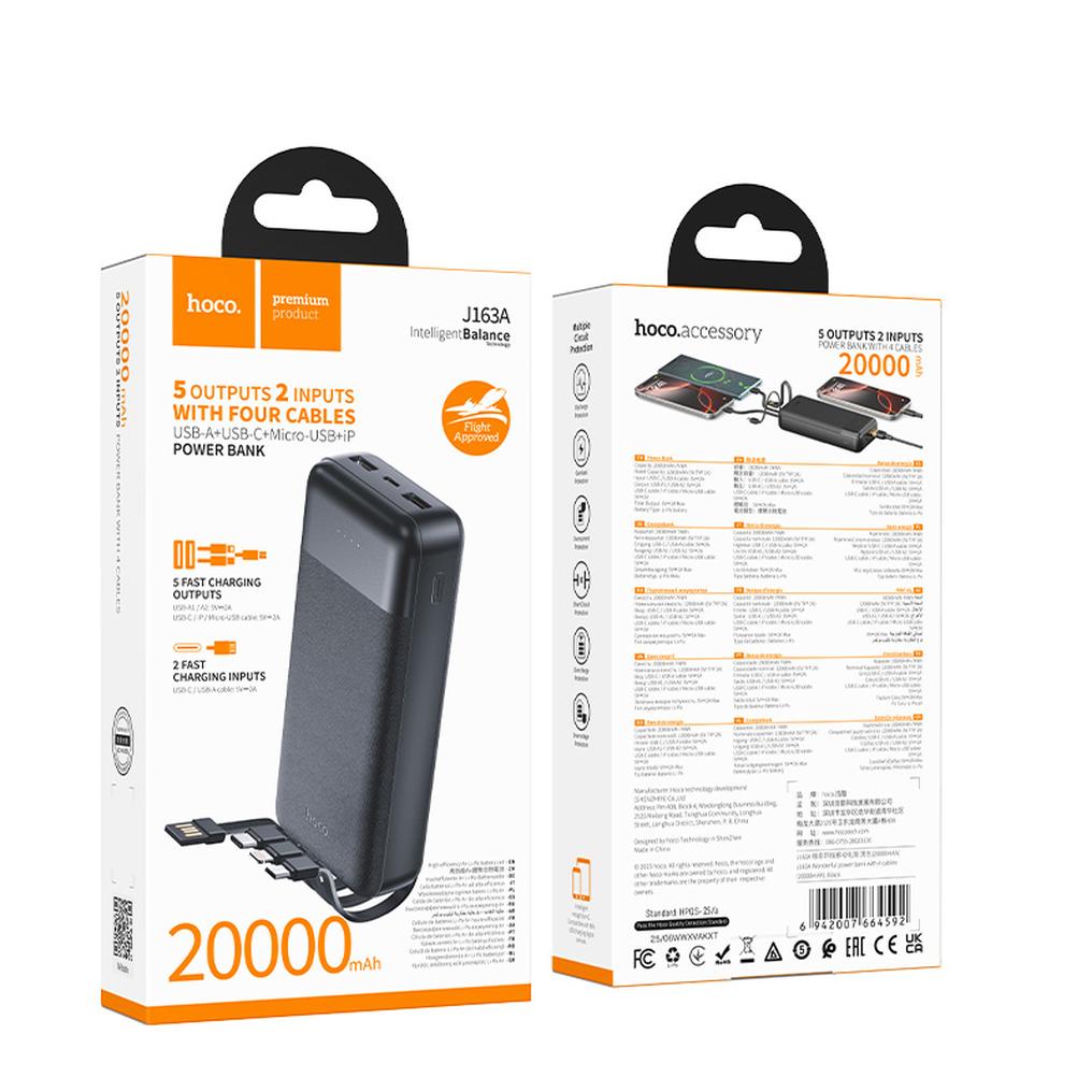 HOCO J163A Power Bank, 20000mAh, 10W, 1 x Lightning - 1 x microUSB - 1 x USB-C - 2 x USB-A, Black