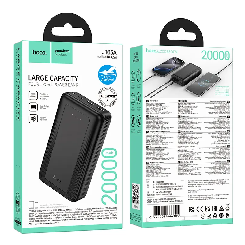 Ekstern Batteri HOCO J165A, 20000mAh, 10W, 2 x USB-A, Sort